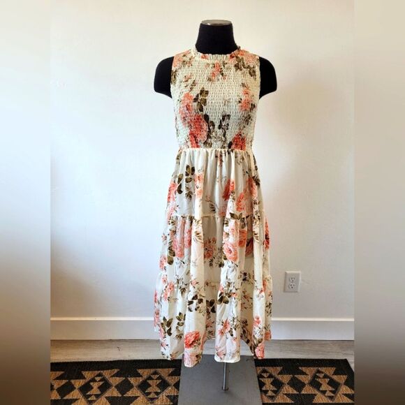 SHEIN Dresses & Skirts - Cream Floral Midi Dress Smocked Tiered Fairy Cottage Whimsical Pastoral Maiden S